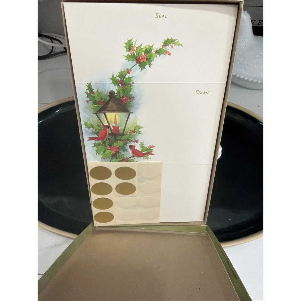 Vintage Cardinal Christmas Cards Holiday Notes Fold  Lamp Post  18 W/Gold Seals‎